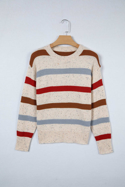 Vivienne Shoulder Heathered Knit Sweater - Beige Stripe / L - 12/14