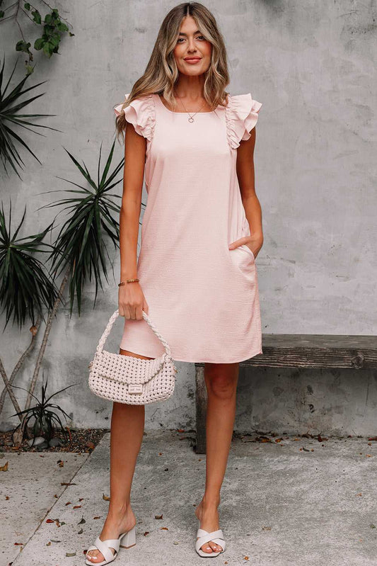 Threaded Pear Abigail Textured Flutter Sleeve Bow Back Mini Dress