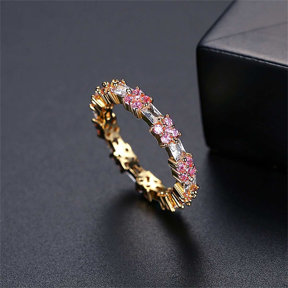Pink Crystal & Cubic Zirconia Goldtone Thin Band Ring-1