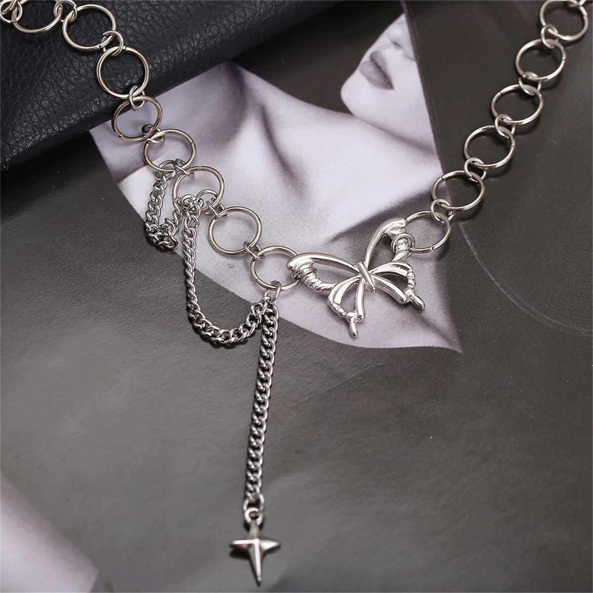 Silvertone Butterfly & Cross Pendant Choker