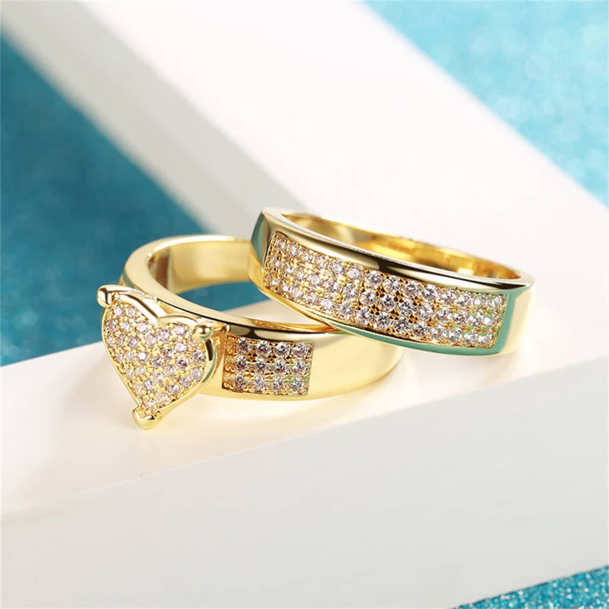 Cubic Zirconia & Goldtone Heart Band Ring Set-3