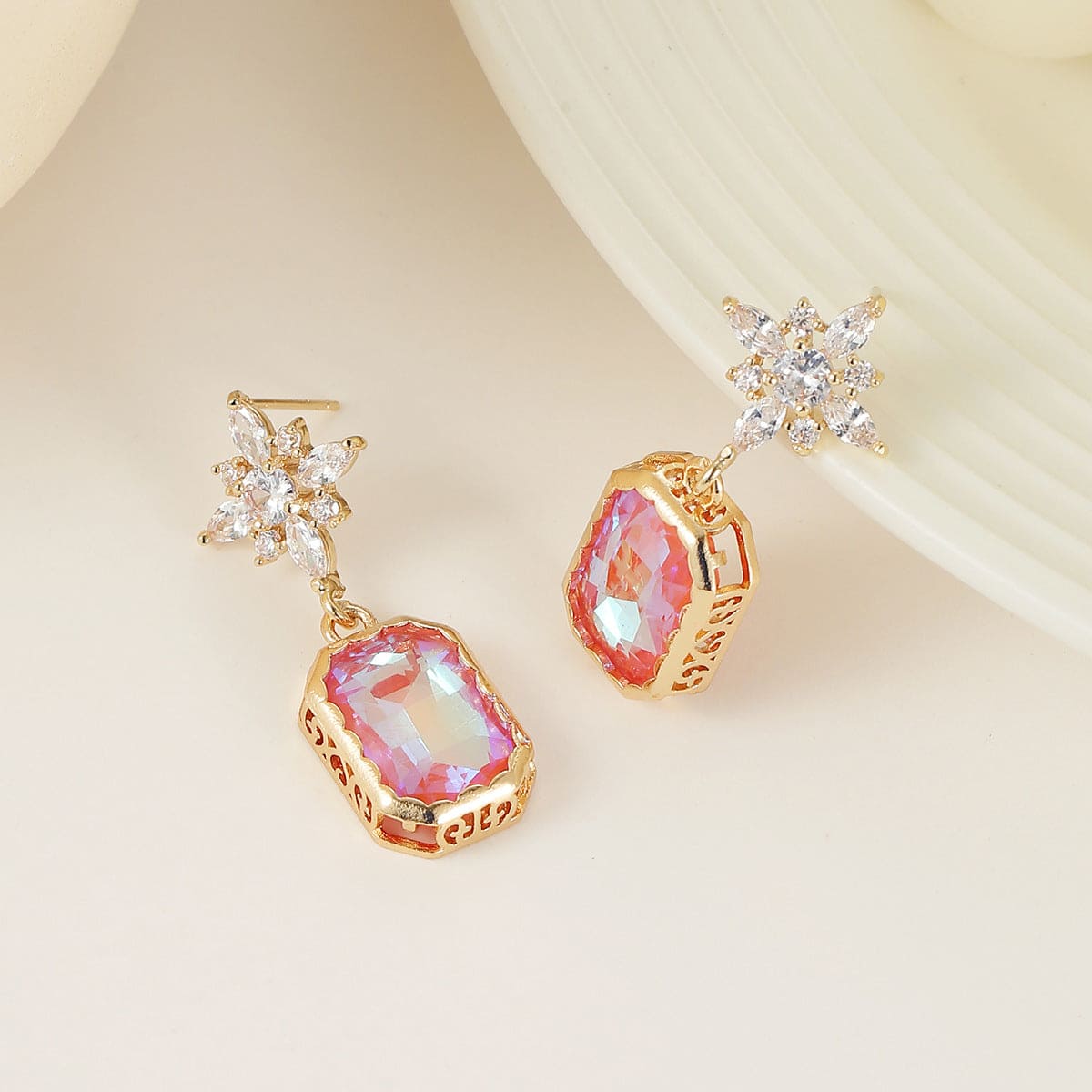 Orange Crystal & Cubic Zirconia Goldtone Star Rectangle Dangle Earrings