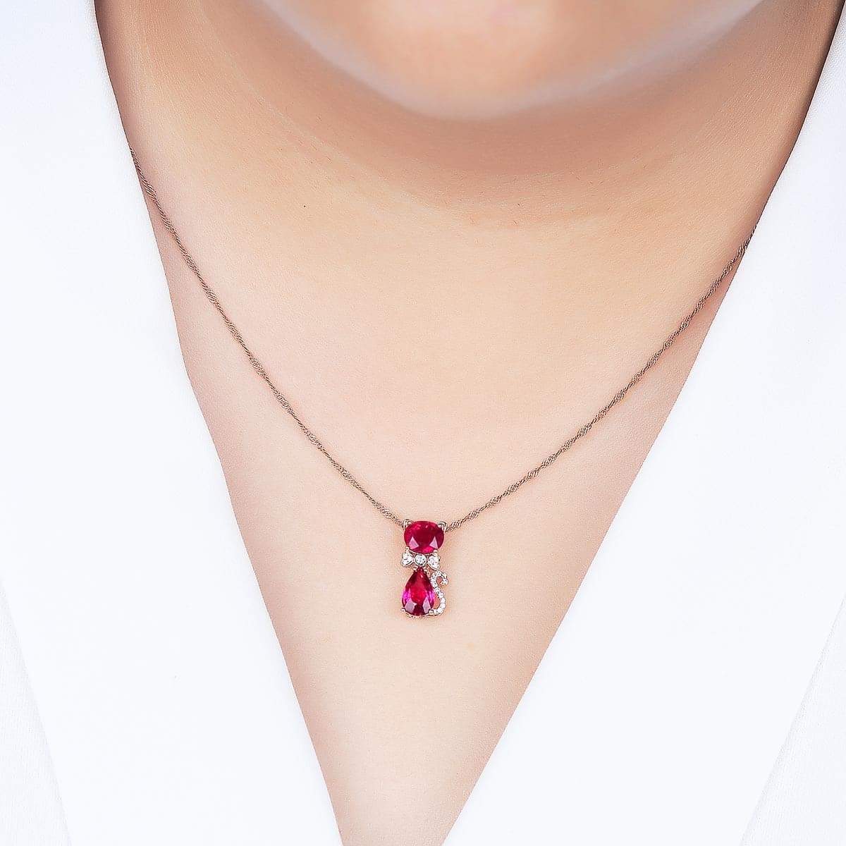 Red Crystal & Cubic Zirconia Kitty Pendant Necklace