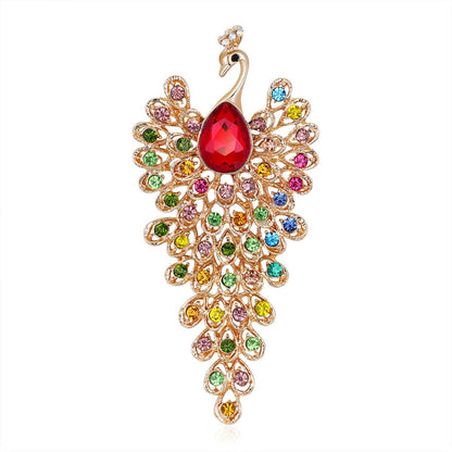 Red Crystal & Cubic Zirconia Goldtone Peacock Brooch
