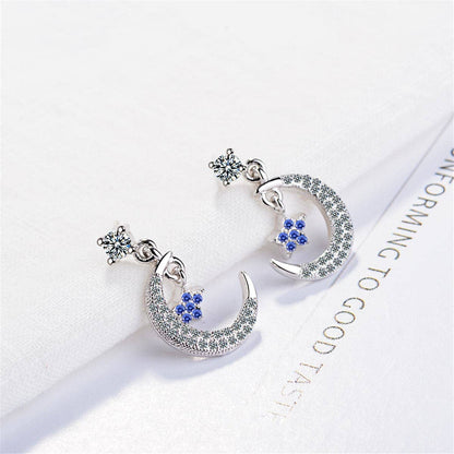 Cubic Zirconia & Silvertone Blue Star & Crescent Drop Earrings