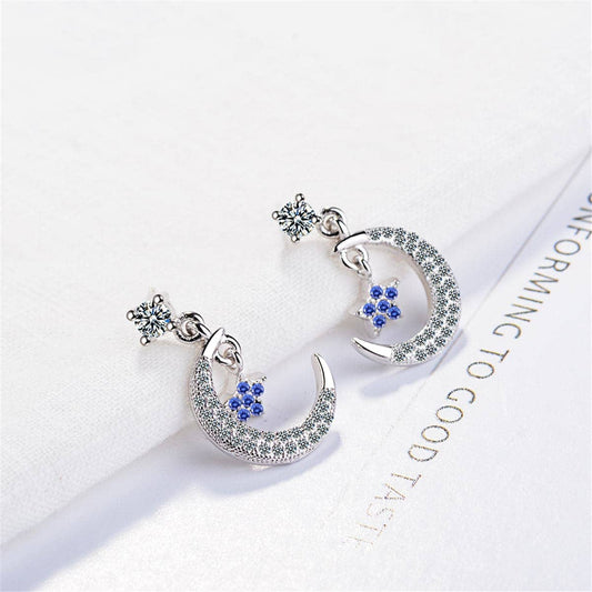 Cubic Zirconia & Silvertone Blue Star & Crescent Drop Earrings