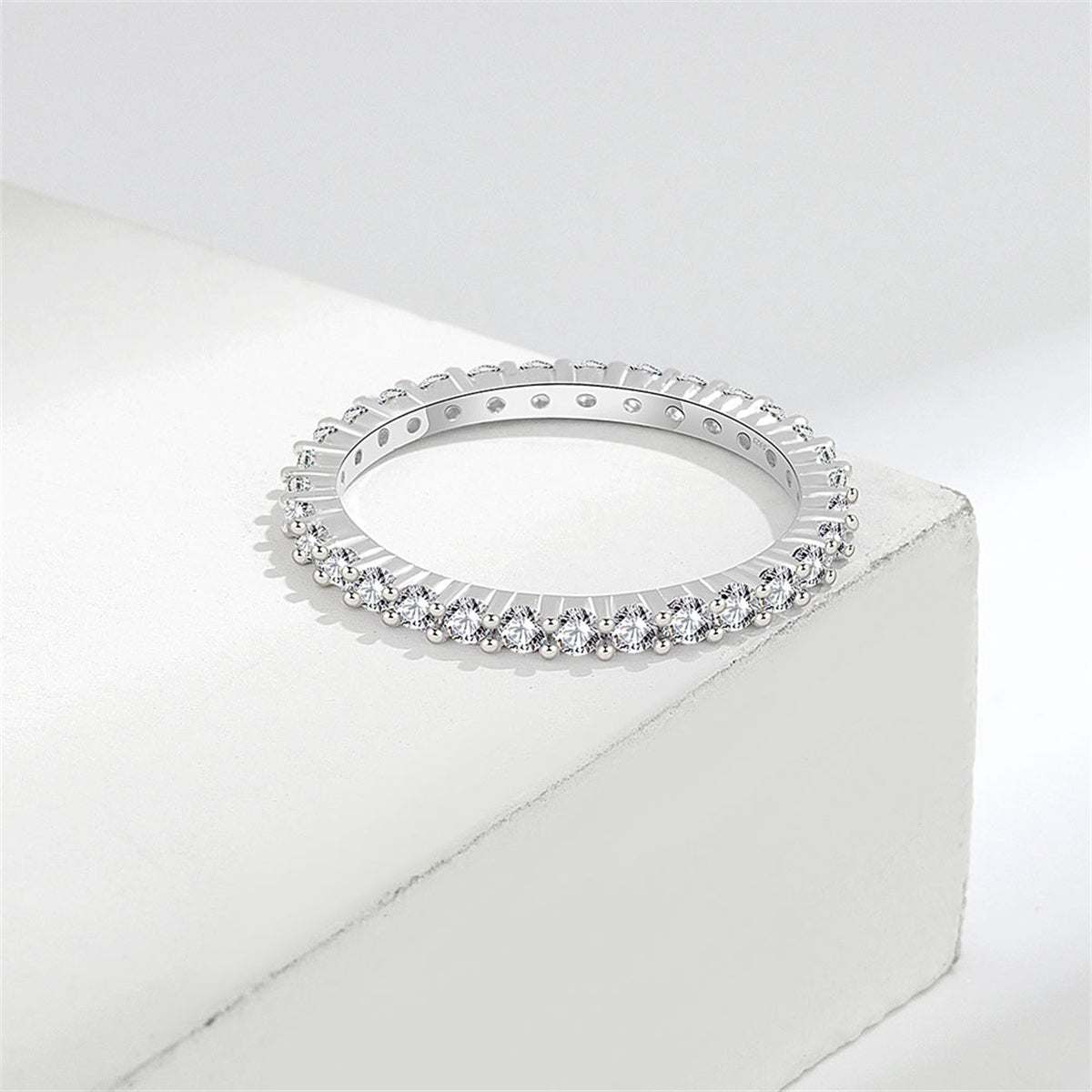 Cubic Zirconia & Silvertone Thin Band Ring-2