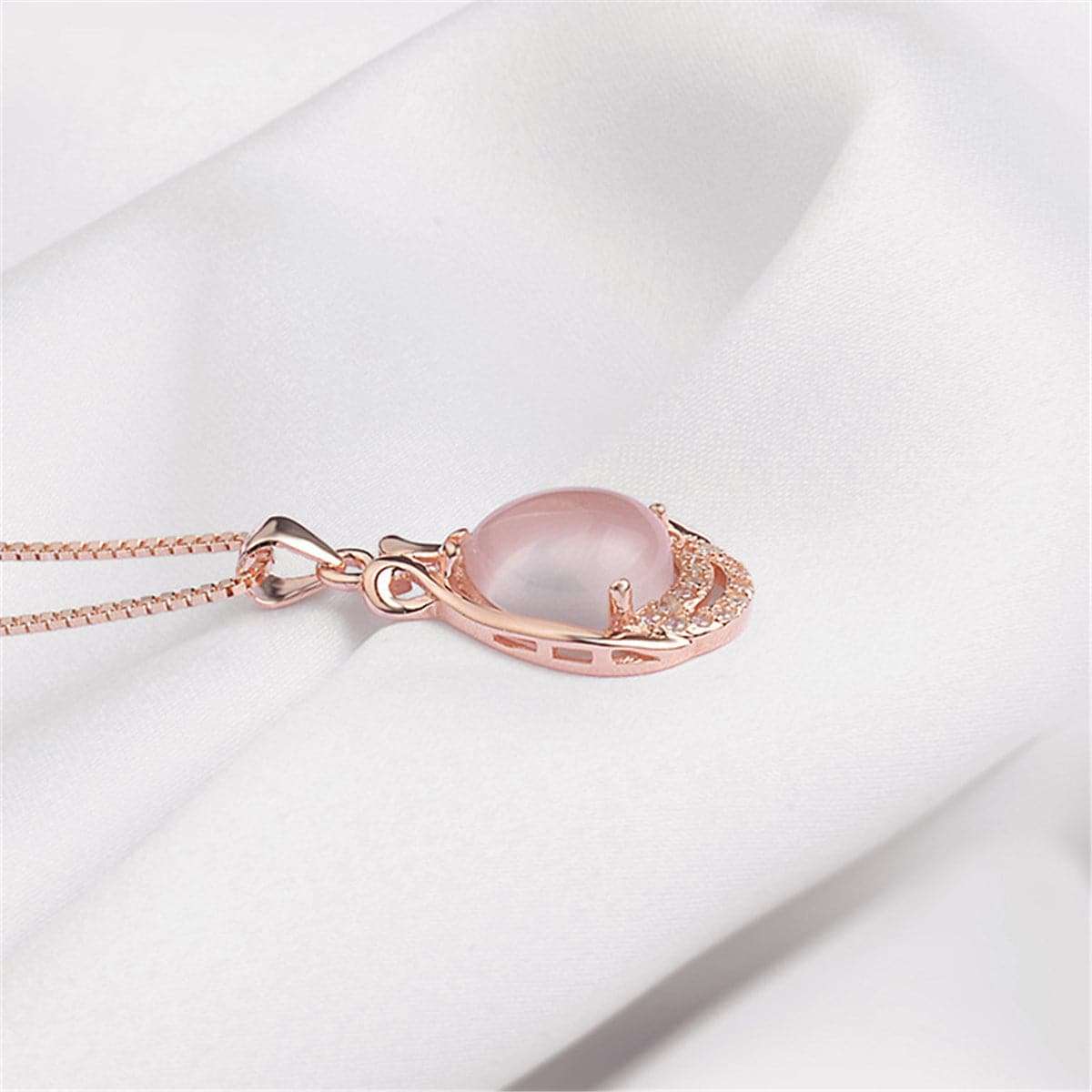 Rose Quartz & Cubic Zirconia Teardrop Pendant Necklace-3