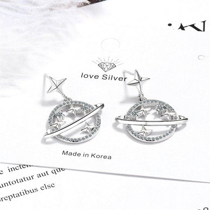Cubic Zirconia & Silvertone Planet Drop Earrings