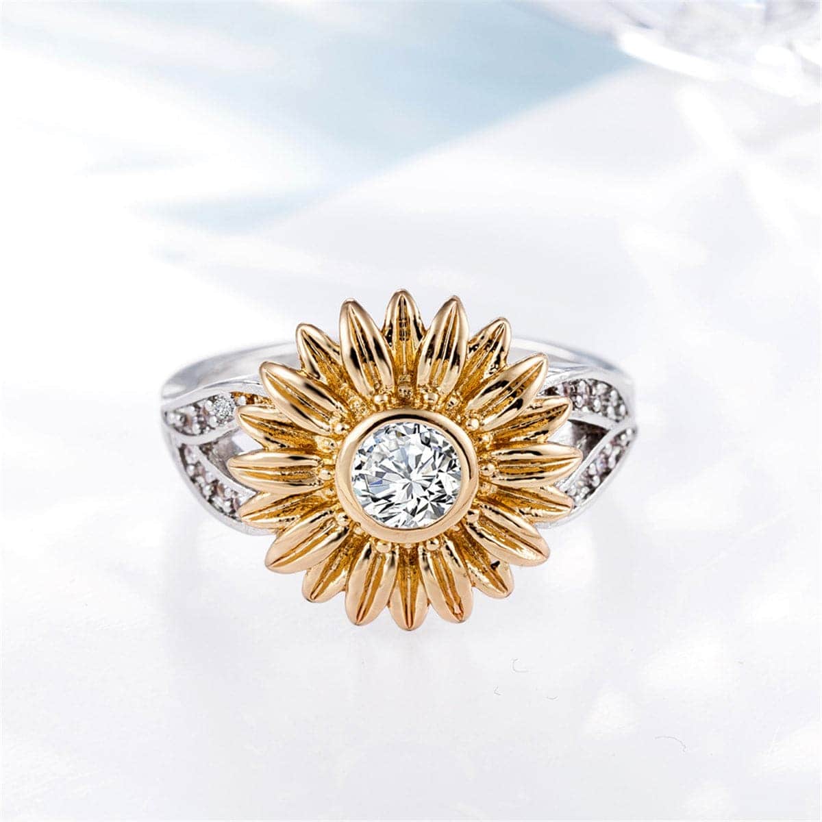 Cubic Zirconia & Two-Tone Sunflower Band Ring-10