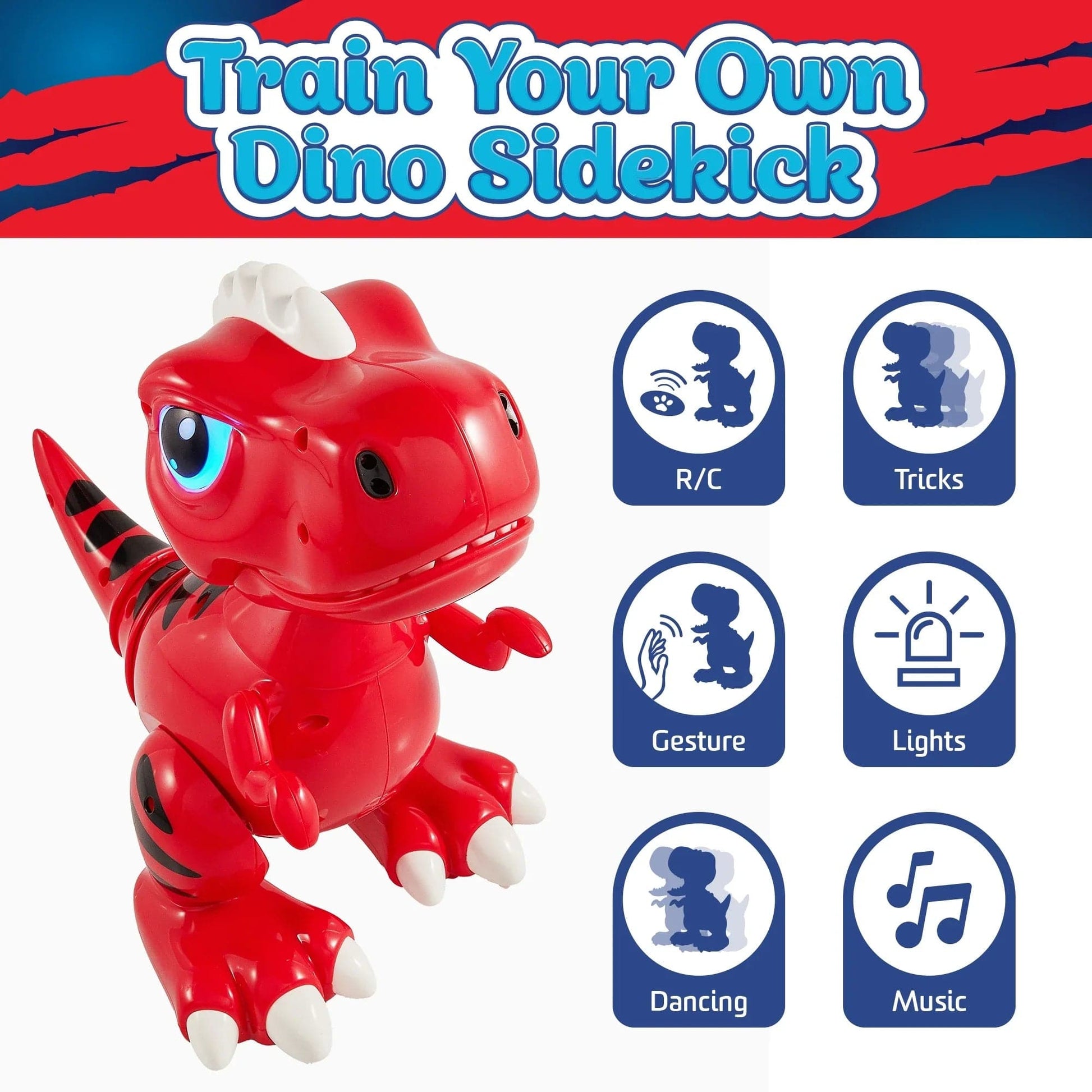 Red robot dino, white remote, and blue, grey and black food.-