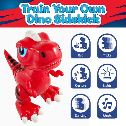 Red robot dino, white remote, and blue, grey and black food.-