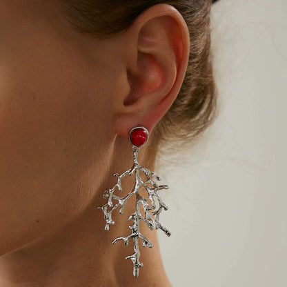 Red Resin & Silvertone Branch Dangle Earrings