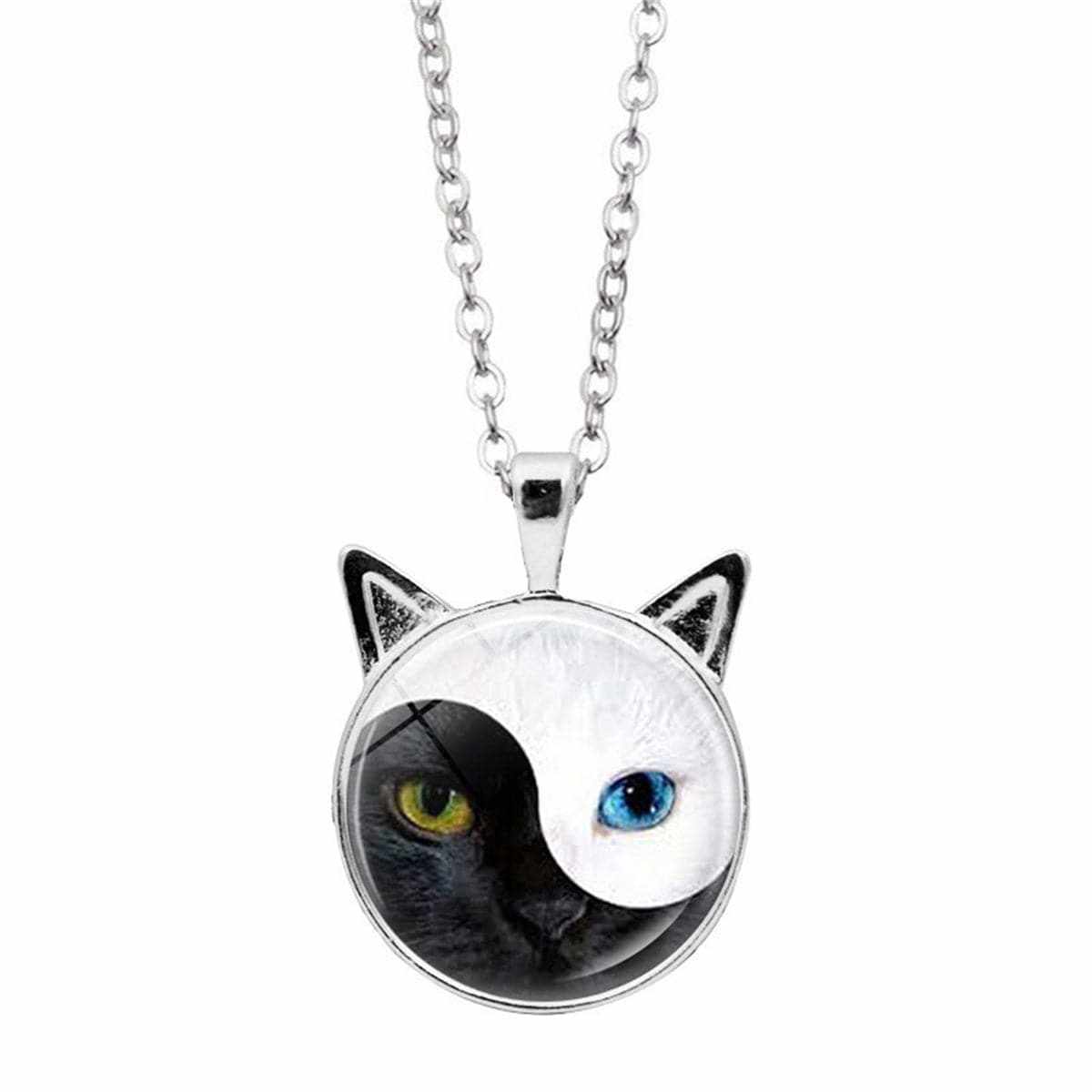 Black Glass & Silvertone Yin & Yang Cat Pendant Necklace