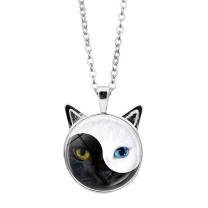 Black Glass & Silvertone Yin & Yang Cat Pendant Necklace