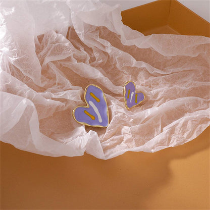 Purple Enamel & Goldtone Mismatching Heart Stud Earring