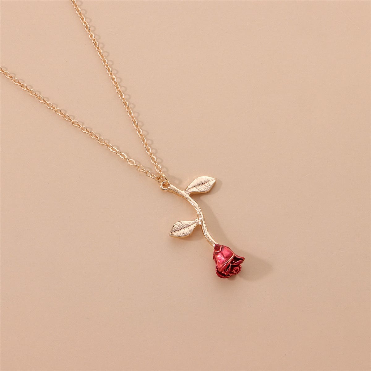 Red Enamel & Goldtone Rose Pendant Necklace