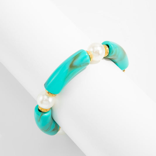 Teal Resin & Pearl Goldtone Sequin Joint Stretch Bracelet