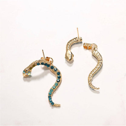 Blue Cubic Zirconia & Goldtone Snake Drop Earrings
