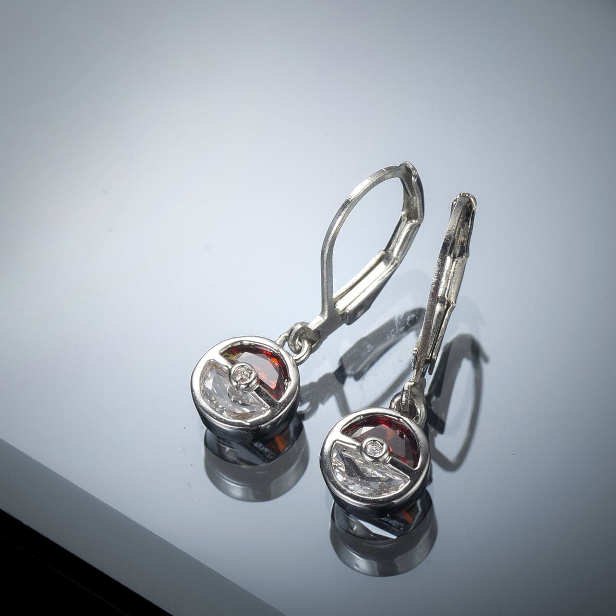 Red Crystal & Silvertone Ball Leverback Earrings