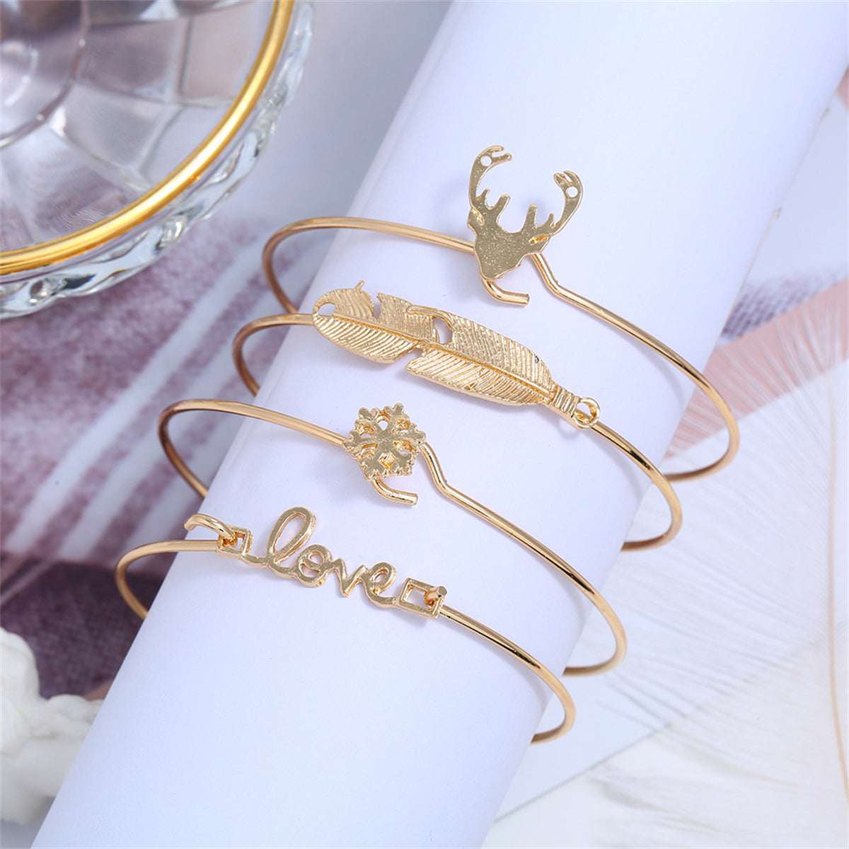 Goldtone 'Love' Snowflake Antlers Bangle & Cuff Set