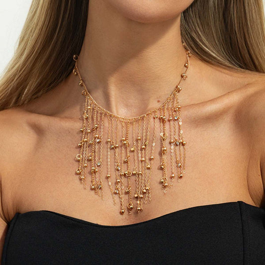 Cubic Zirconia & Goldtone Beaded Tassel Collar Necklace