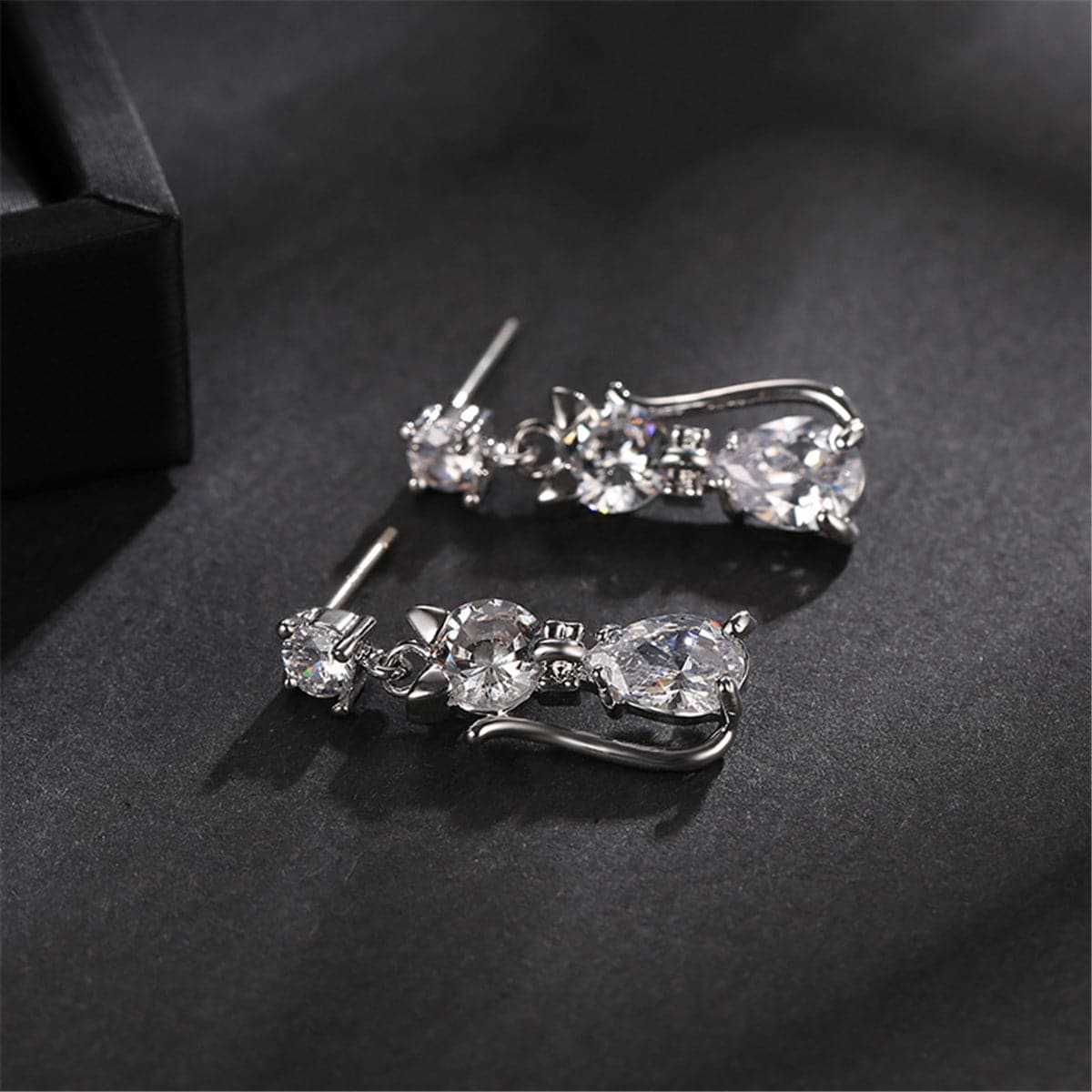 Crystal & Silvertone Kitty Drop Earrings
