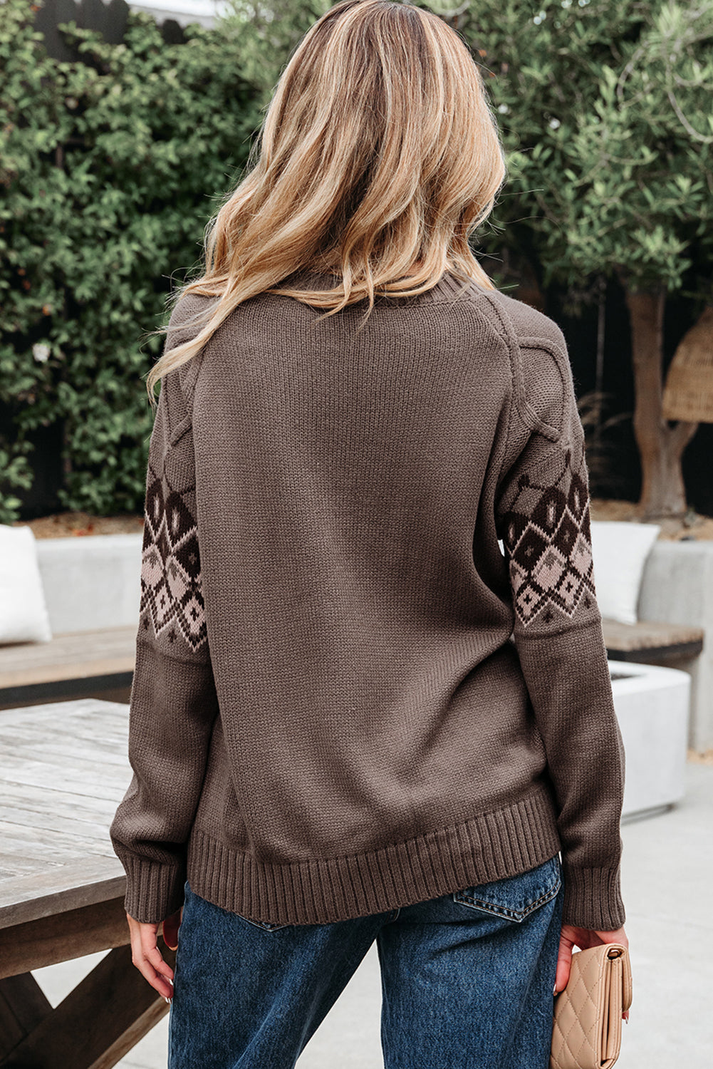 Threaded Pear Alana Western Geometric Patterned Crew Neck Knitted Sweater