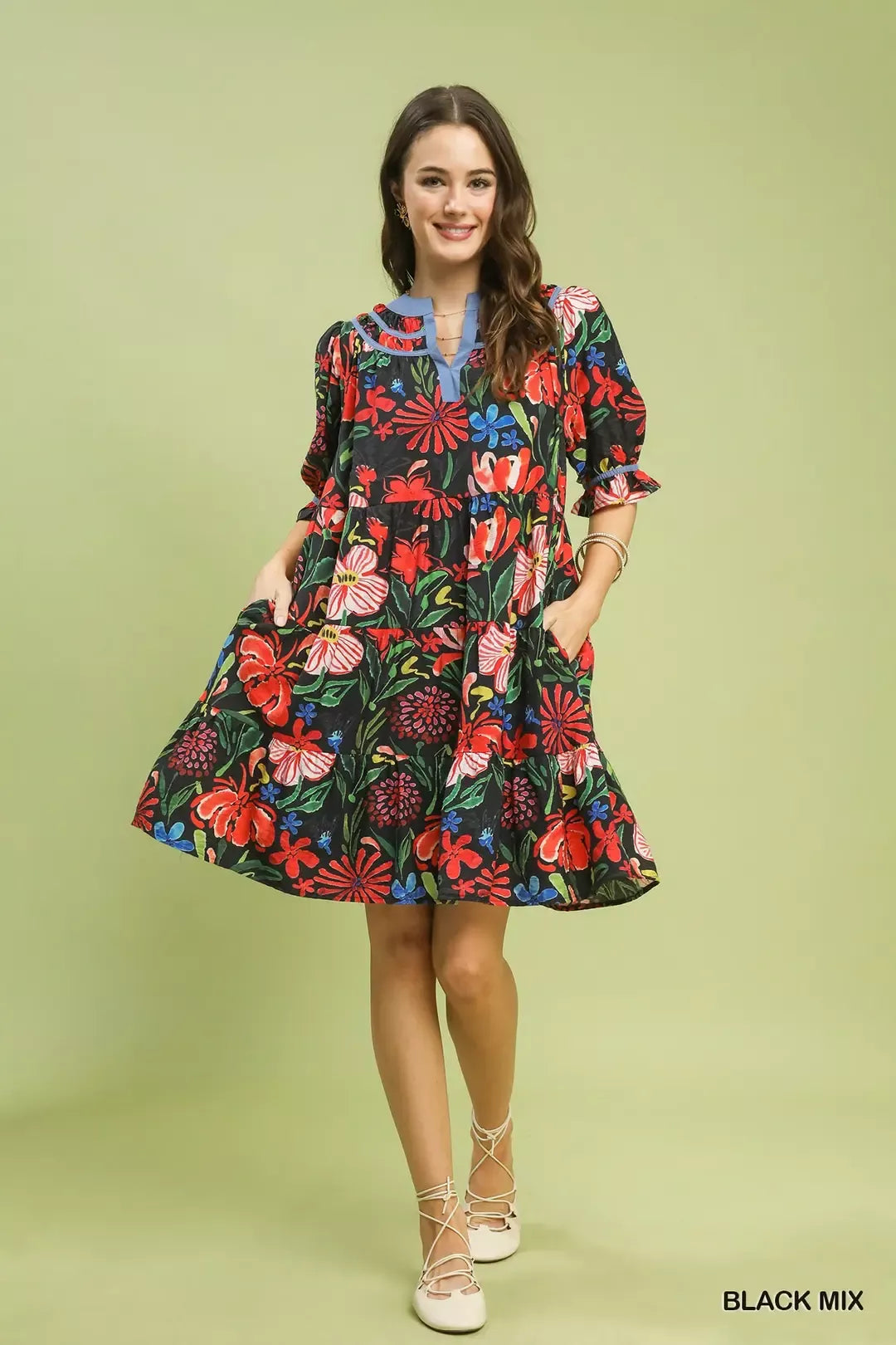 Umgee Floral Tiered Puff Sleeve Dress Black MIX / S