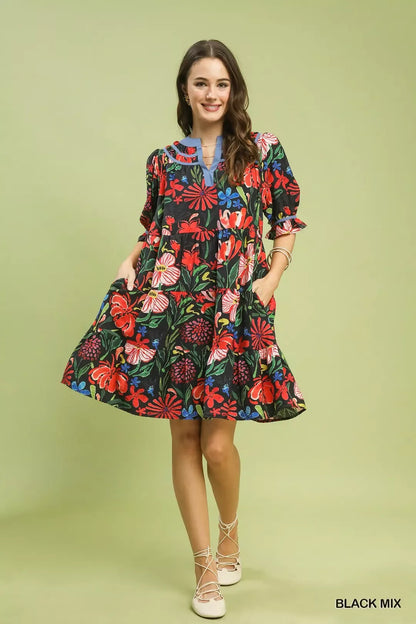 Umgee Floral Tiered Puff Sleeve Dress