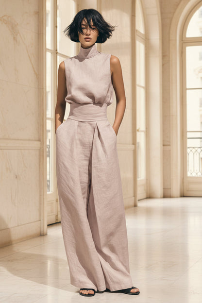 Women's Linen-Blend High-Neck Sleeveless Top & Wide-Leg Pants Set