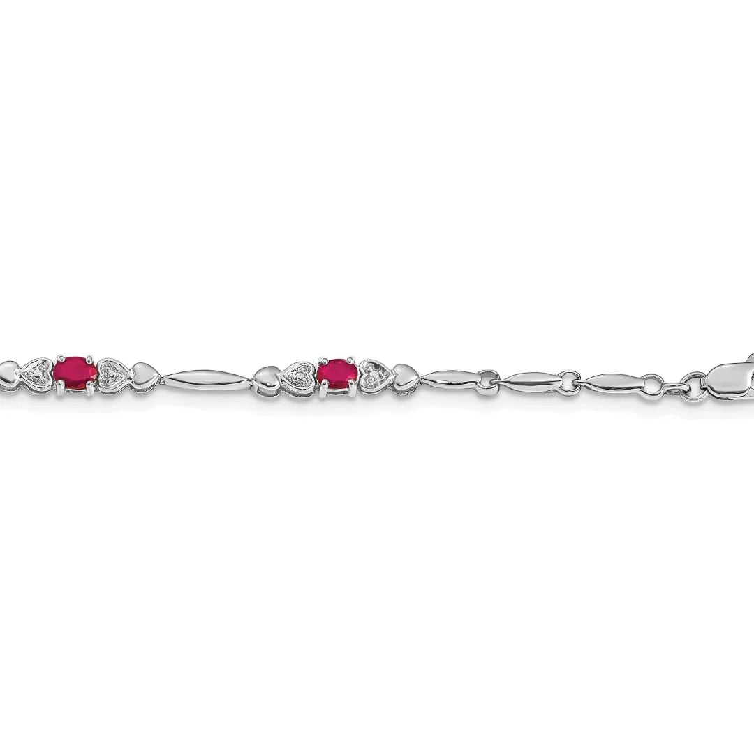 14k White Gold Diamond and Oval Ruby Heart Design 7 inch Bracelet