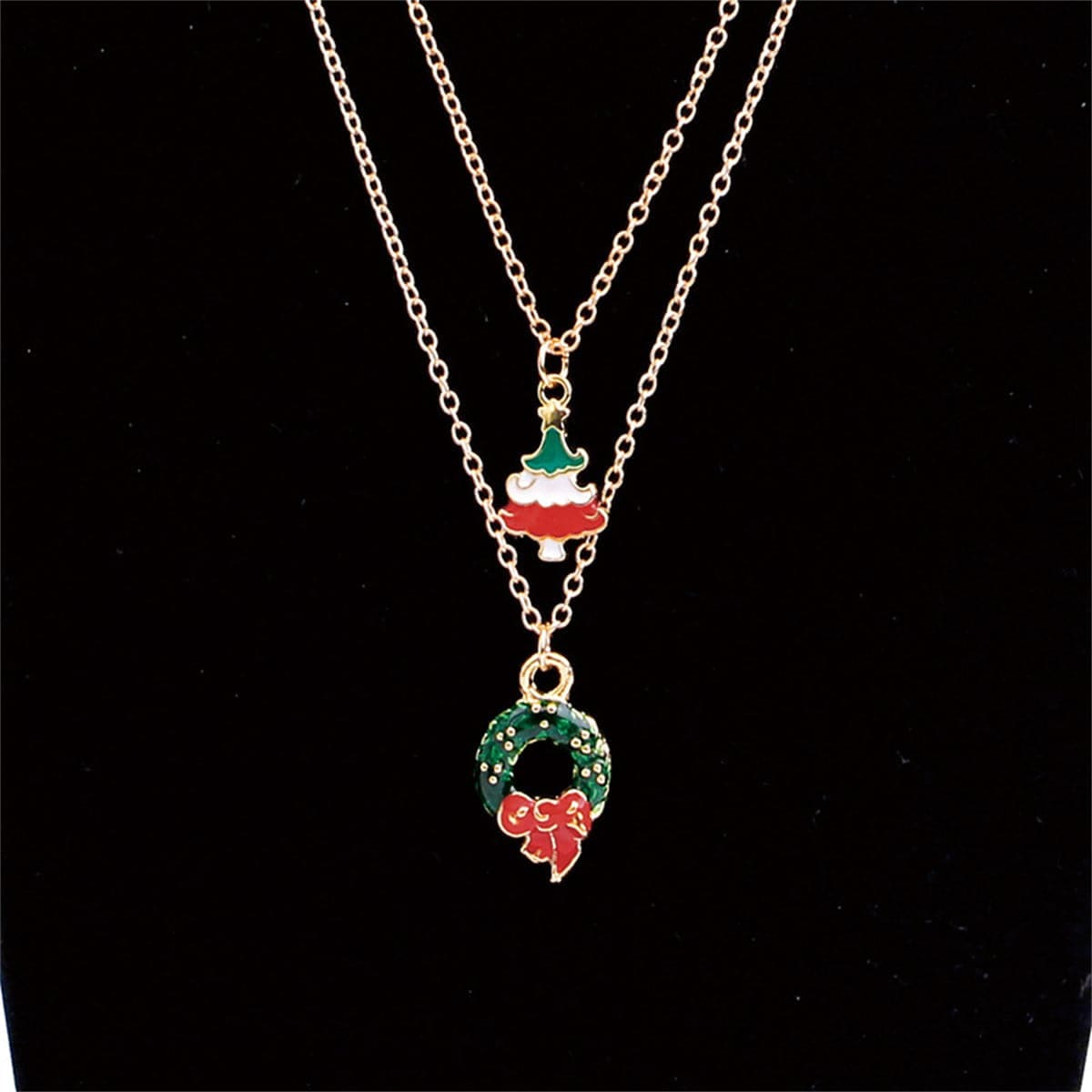 Green Enamel & Goldtone Christmas Wreath & Tree Pendant Necklace Set