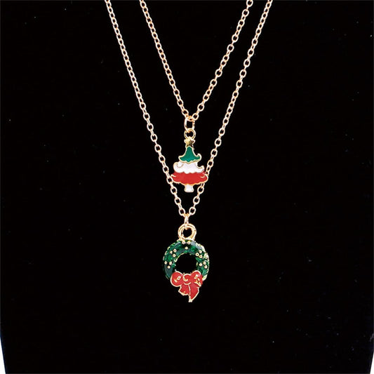 Green Enamel & Goldtone Christmas Wreath & Tree Pendant Necklace Set