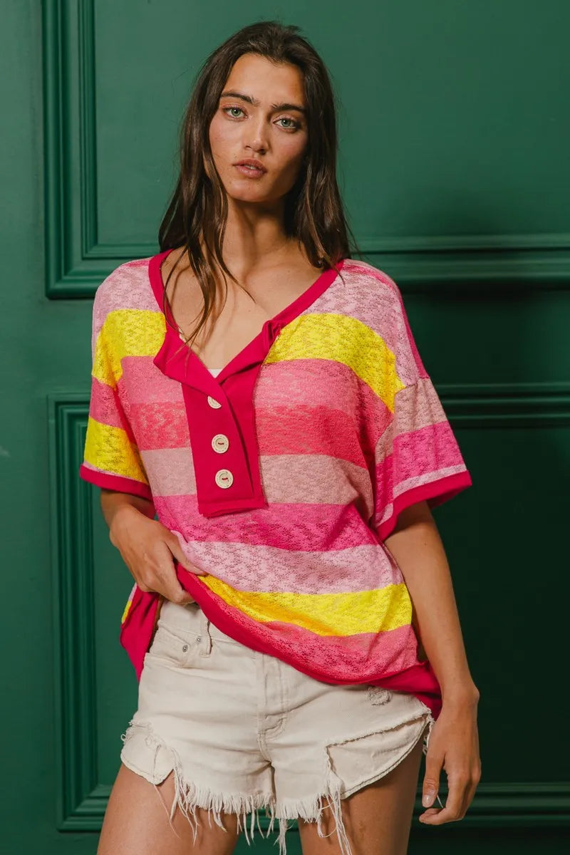 BiBi Multi Color Stripe Hacci Button Detail Ringer Top