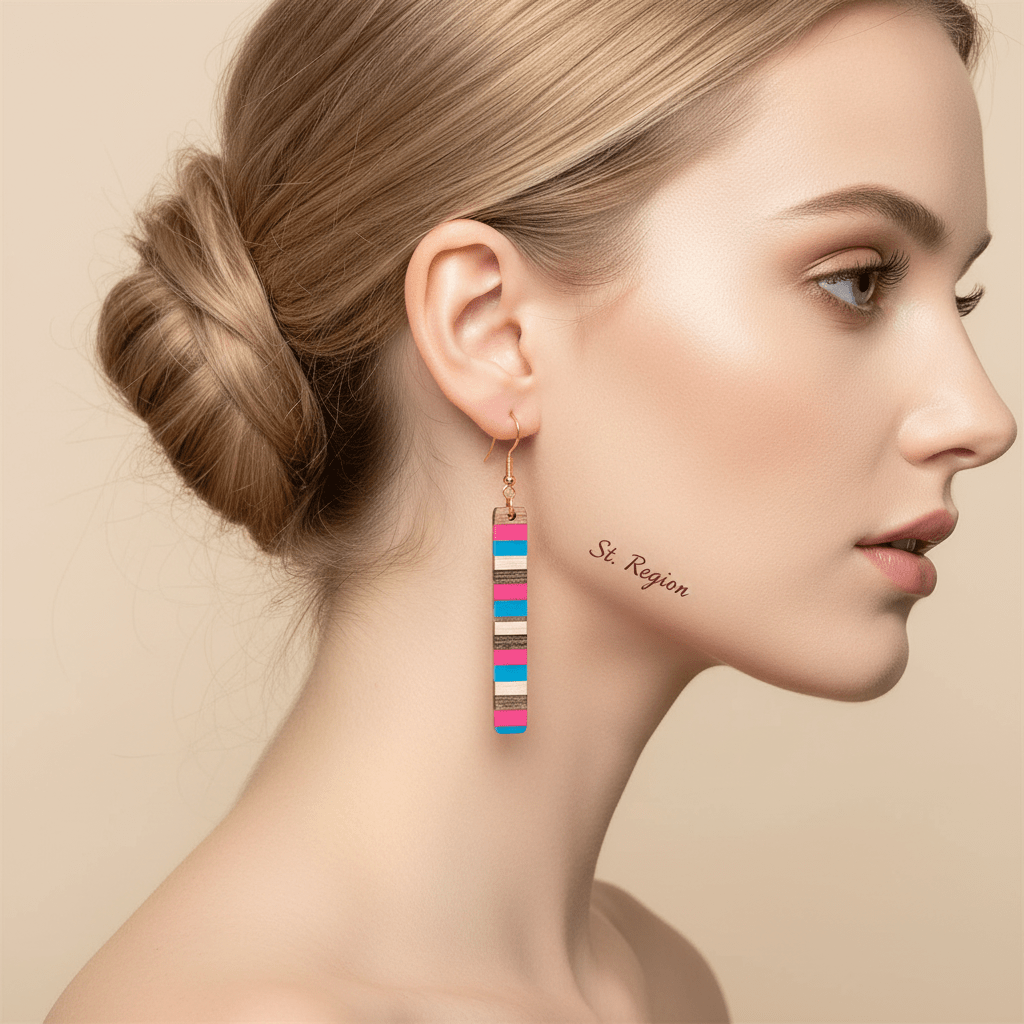 Rose & Blue Resin Wood Goldtone Striped Bar Hook Earrings