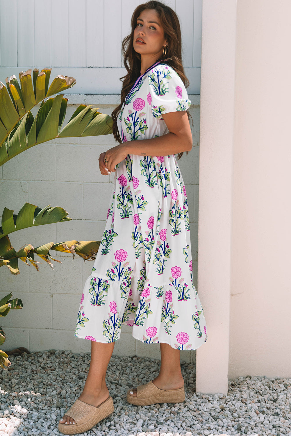 Threaded Pear Julietta Floral Puff Short Sleeve V Neck High Waist Maxi Dress