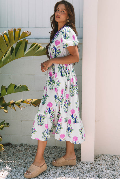 Threaded Pear Julietta Floral Puff Short Sleeve V Neck High Waist Maxi Dress