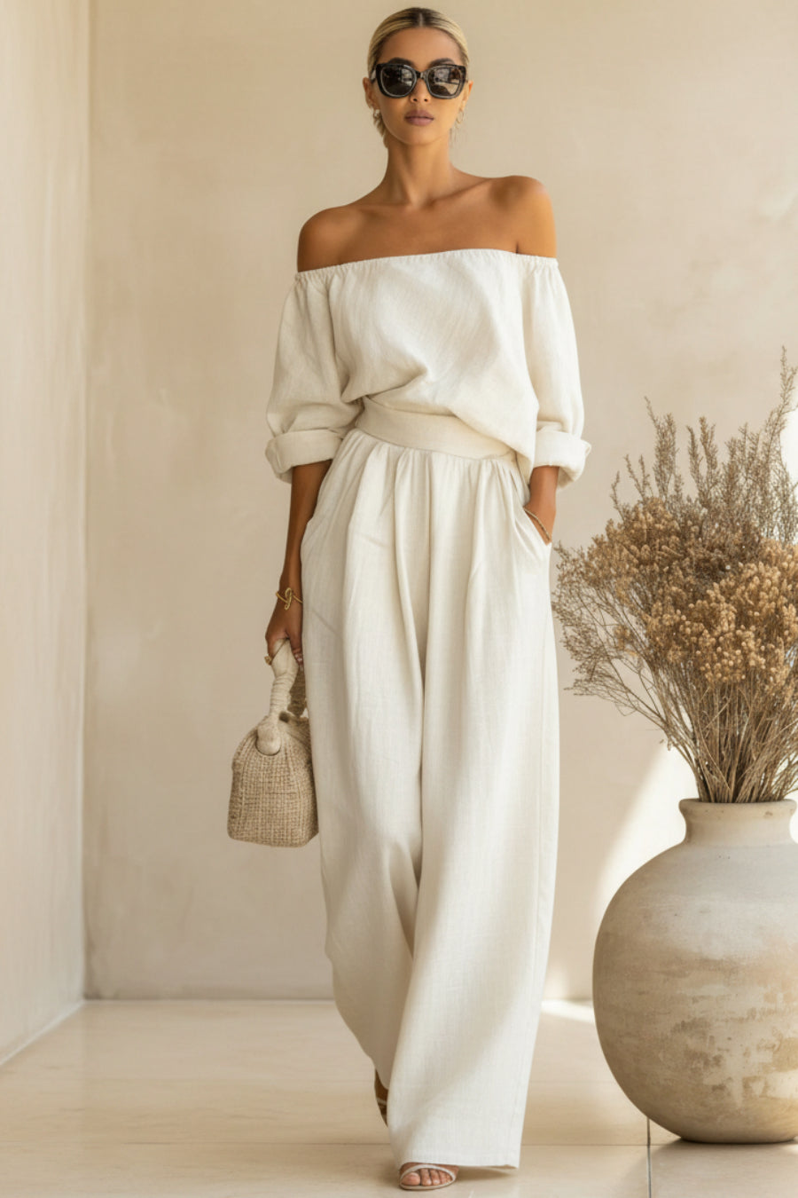 Women's Off-Shoulder Puff Sleeve Blouson Top & High-Rise Wide-Leg Pants Cotton-Linen Set