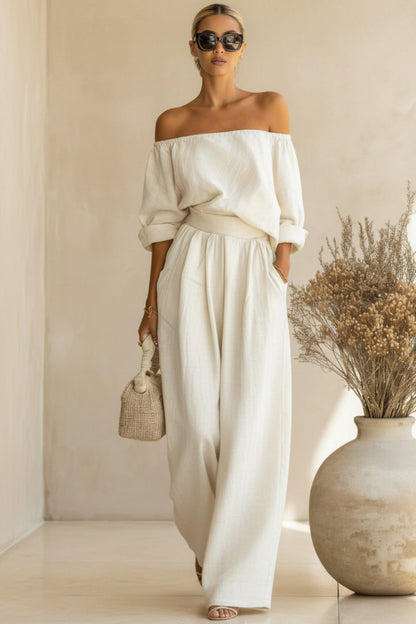 Women's Off-Shoulder Puff Sleeve Blouson Top & High-Rise Wide-Leg Pants Cotton-Linen Set