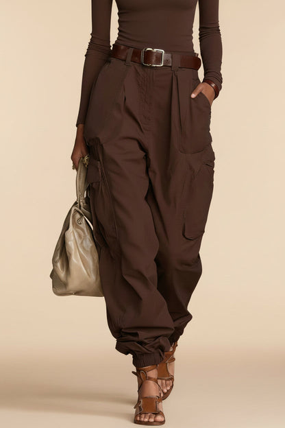 Women's High-Waist Cargo Parachute Pants with Elastic Ankle Cuffs