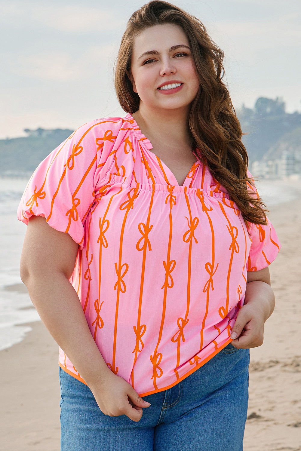 Threaded Pear Sydney Plus Size Bowknot V Neck Blouse