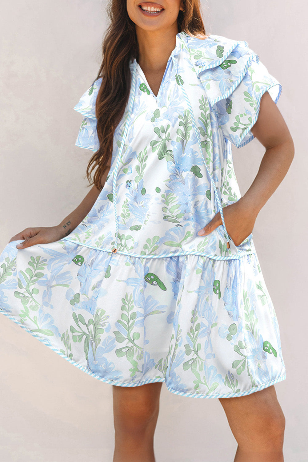 Threaded Pear Madalyn Floral Contrast Edge Layered Short Sleeve Mini Dress