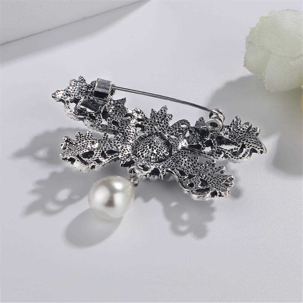 Cubic Zirconia & Silvertone Bow Brooch