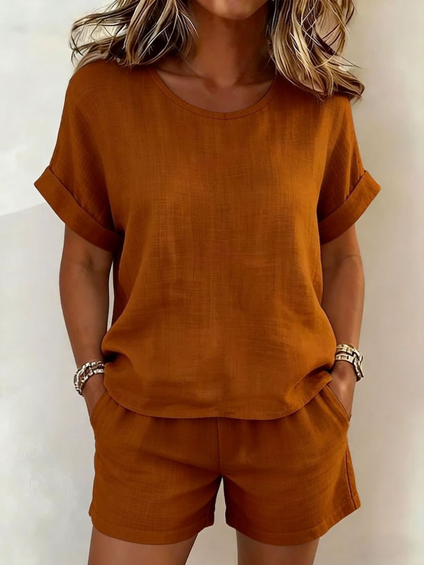 Women's Relaxed Cotton-Linen Cuffed Sleeve Top & Shorts Two-Piece Set