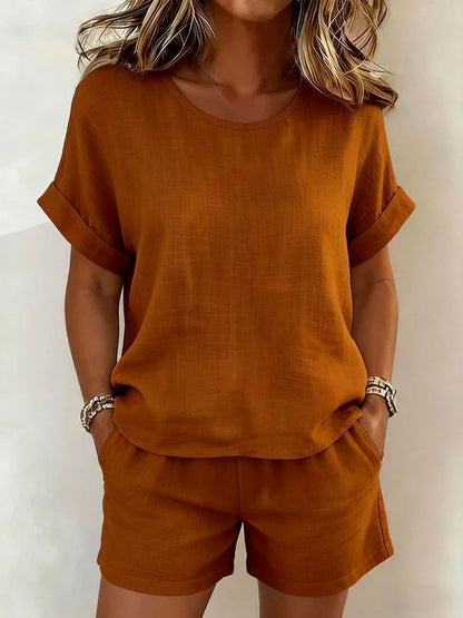 Women's Relaxed Cotton-Linen Cuffed Sleeve Top & Shorts Two-Piece Set