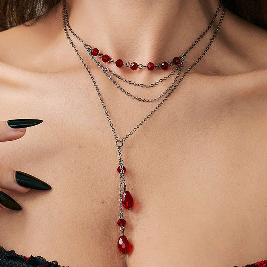 Red Acrylic & Blacktone Beads Drop Pendant Layered Necklace Set