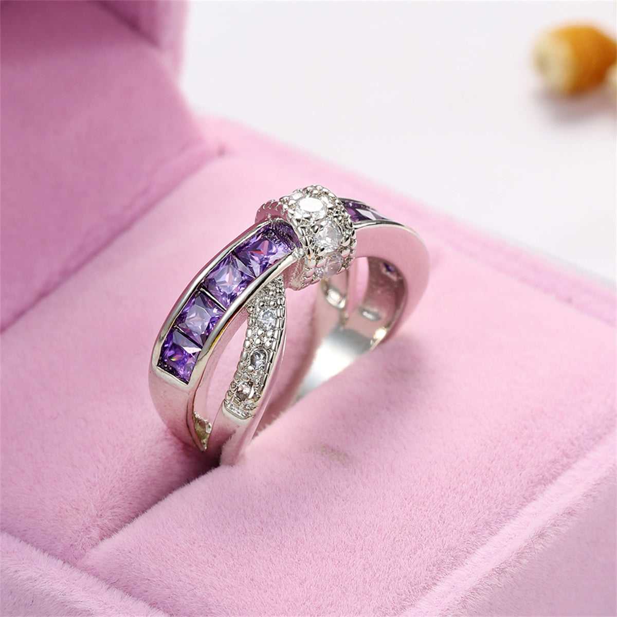 Purple Crystal & Cubic Zirconia Openwork Twist Princess-Cut Ring-4