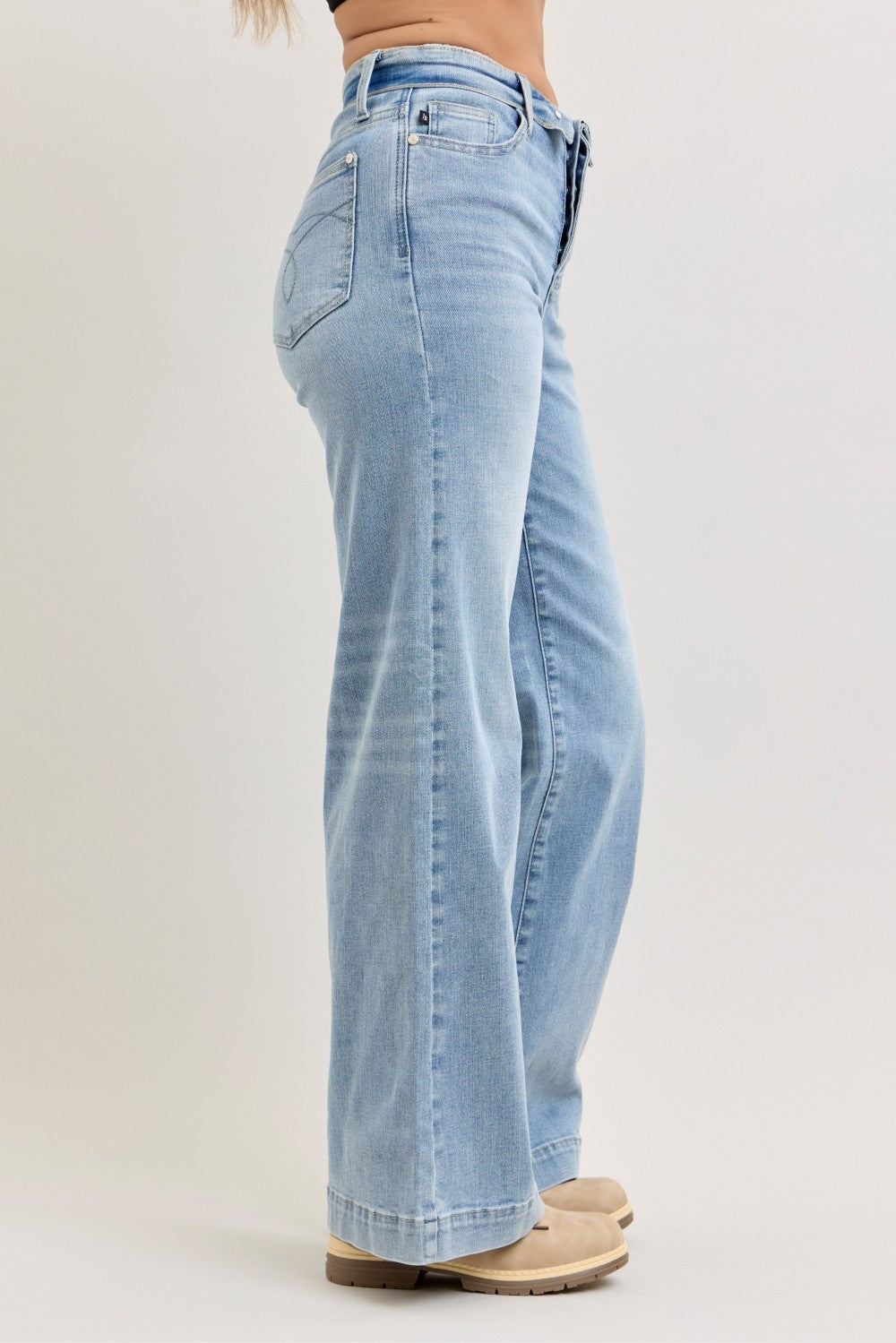Judy Blue Mid Rise Retro Wide Leg Jeans with Fold-over Waistband