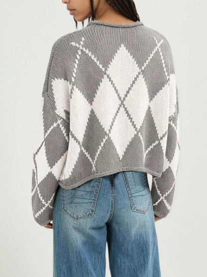 Argyle Pattern Knit Dropped Shoulder Sweater